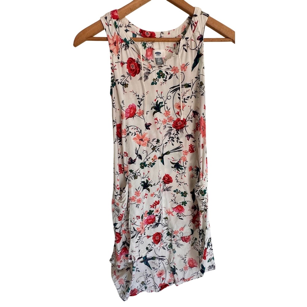 Old Navy Girls White Dress Large 10-12 Floral Bird Print High Low Summer Casual